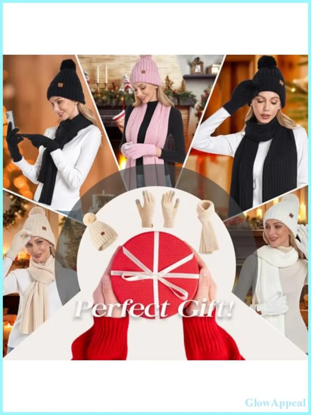 Womens Winter Hat Scarf Gloves Set - Acrylic Beanie with Touchscreen Gloves